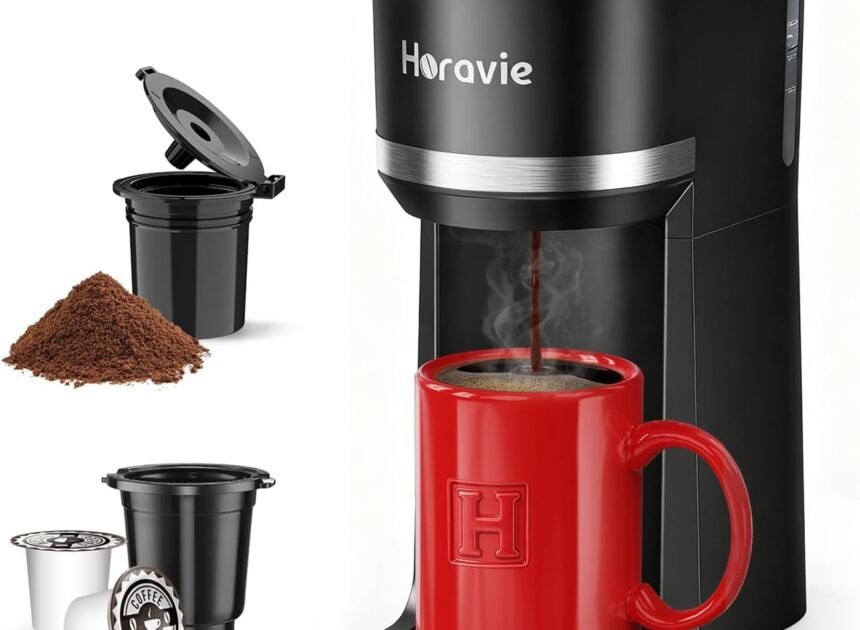 Mini Single Serve Coffee Maker for K Cup and Ground Coffee, Fast Brew One Cup Coffee Machine with Descaling Reminder and Water Window, 6 to 12 oz. Brew Sizes, Black