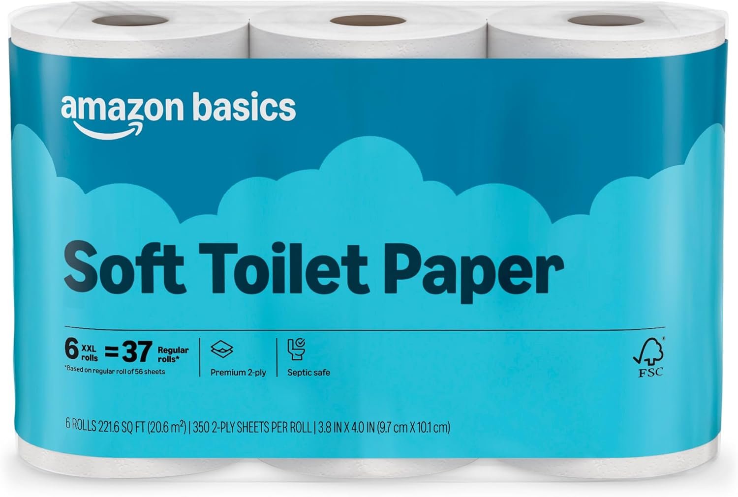 Amazon Basics 2-Ply Soft Toilet Paper, 6 Rolls (1 Pack of 6), Equivalent to 37 Regular Rolls, Packaging May Vary
