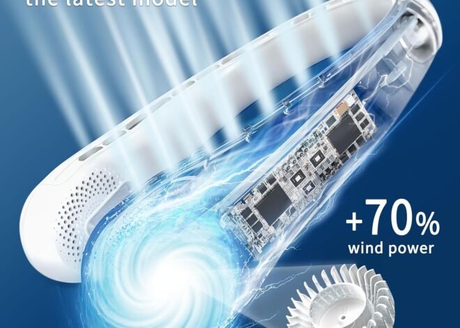 FrSara Neck Fan, Bladeless Neck Fan,Upgraded 5200mAh,Long Endurance,Upgraded air volume,Easier to Use,360° Cooling,No Hair Twisting,Non-Slip Material,Rechargeable,3-Speed