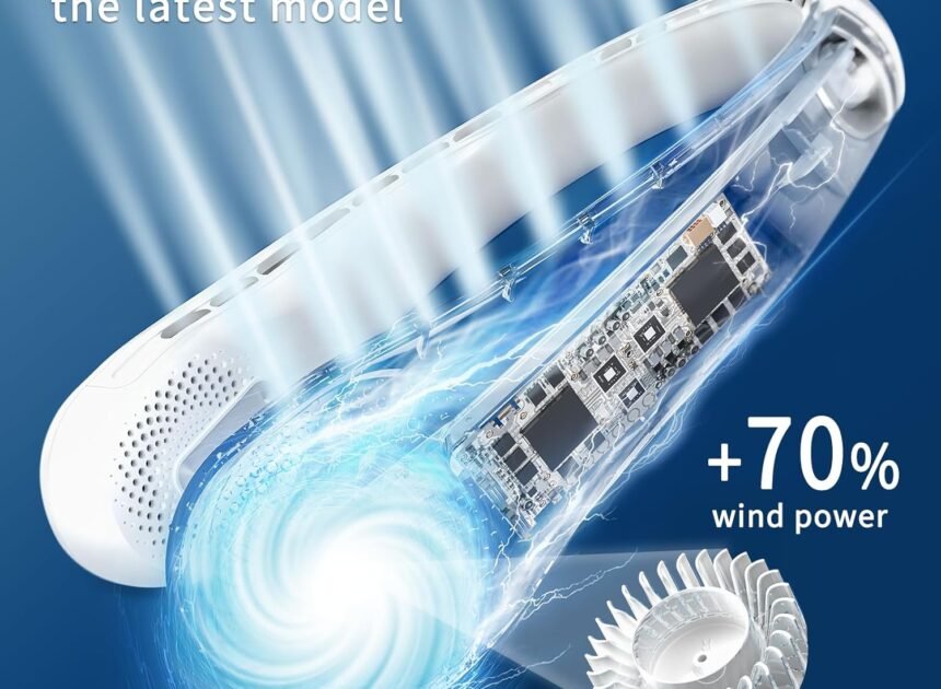 FrSara Neck Fan, Bladeless Neck Fan,Upgraded 5200mAh,Long Endurance,Upgraded air volume,Easier to Use,360° Cooling,No Hair Twisting,Non-Slip Material,Rechargeable,3-Speed