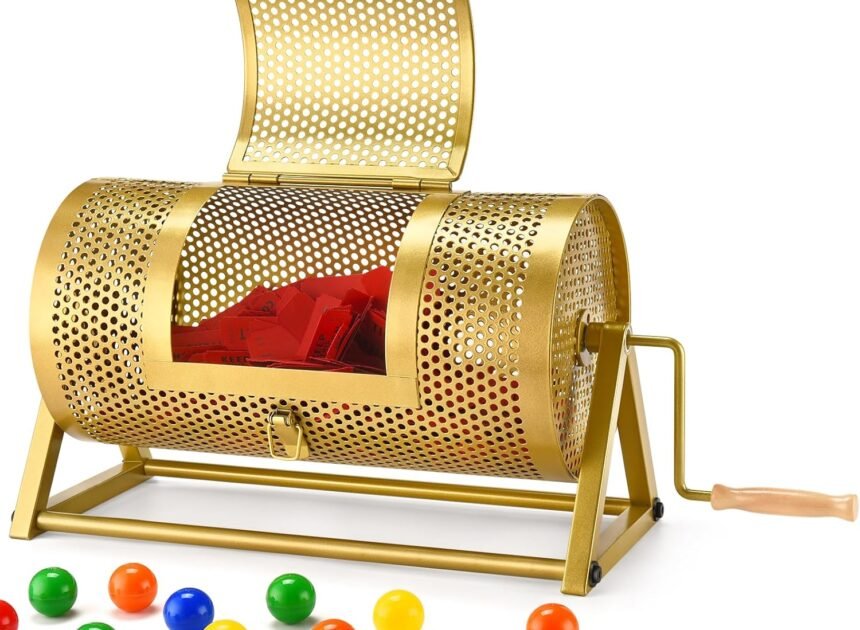 Raffle Drum, Thickened Metal Raffle Ticket Spinner Box with Sealing Tape, Silent Design Raffle Ticket Cage with Wooden Turning Handle & Stable Tripod Stand for Lottery Games, Raffle Balls