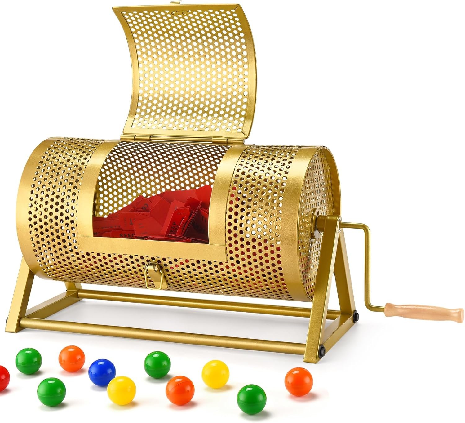 Raffle Drum, Thickened Metal Raffle Ticket Spinner Box with Sealing Tape, Silent Design Raffle Ticket Cage with Wooden Turning Handle & Stable Tripod Stand for Lottery Games, Raffle Balls